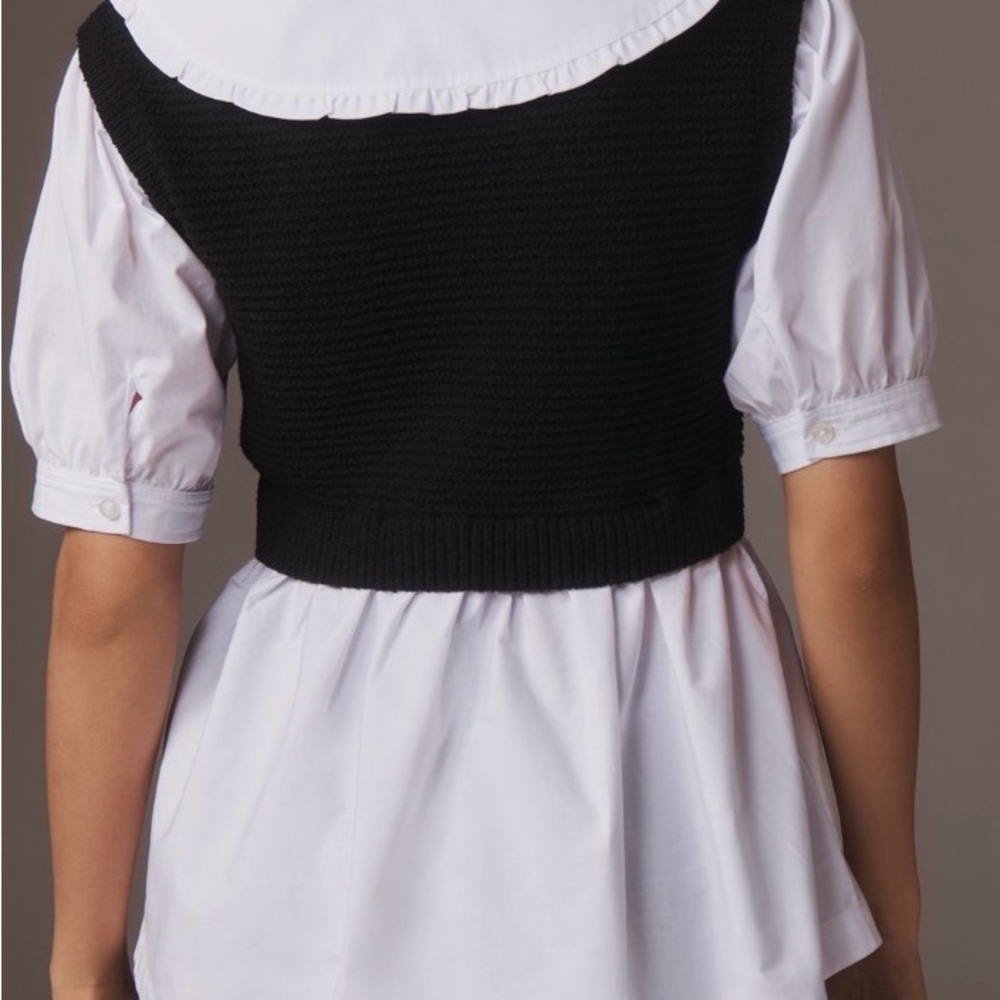 Anthropologie Maeve Black Knit Cropped Vest Twofer Peter Pan Collar White Blouse - Picture 4 of 6